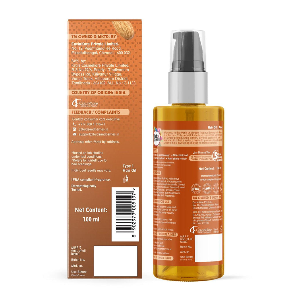 Almond Hair Oil for long lasting conditioining |NO Mineral Oil, NO Silicone, - 100 ml - Buds&Berries
