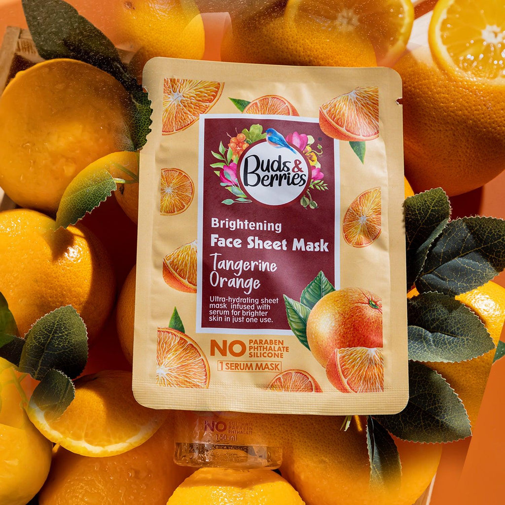 Brightening Face Sheet Mask Tangerine Orange | Natural Vit. C | No Paraben, No Phthalate, No Silicone - 25gm - Buds&Berries