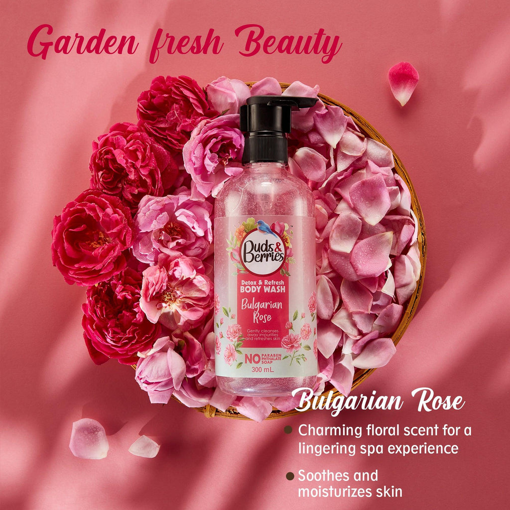Bulgarian Rose Refreshing Duo- Bulgarian Rose Detox and Refresh Bodywash - 300 ml with Bulgarian Rose Body Lotion(240ml) - Buds&Berries
