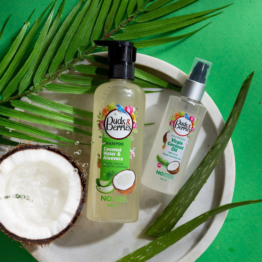 Coconut Combo for Regular Use- Coconut Water & Aloevera Micellar formula Shampoo for Gentle cleansing(300ml) with Cold Pressed Coconut Oil for deeply nourishing hair and skin(100ml) - Buds&Berries