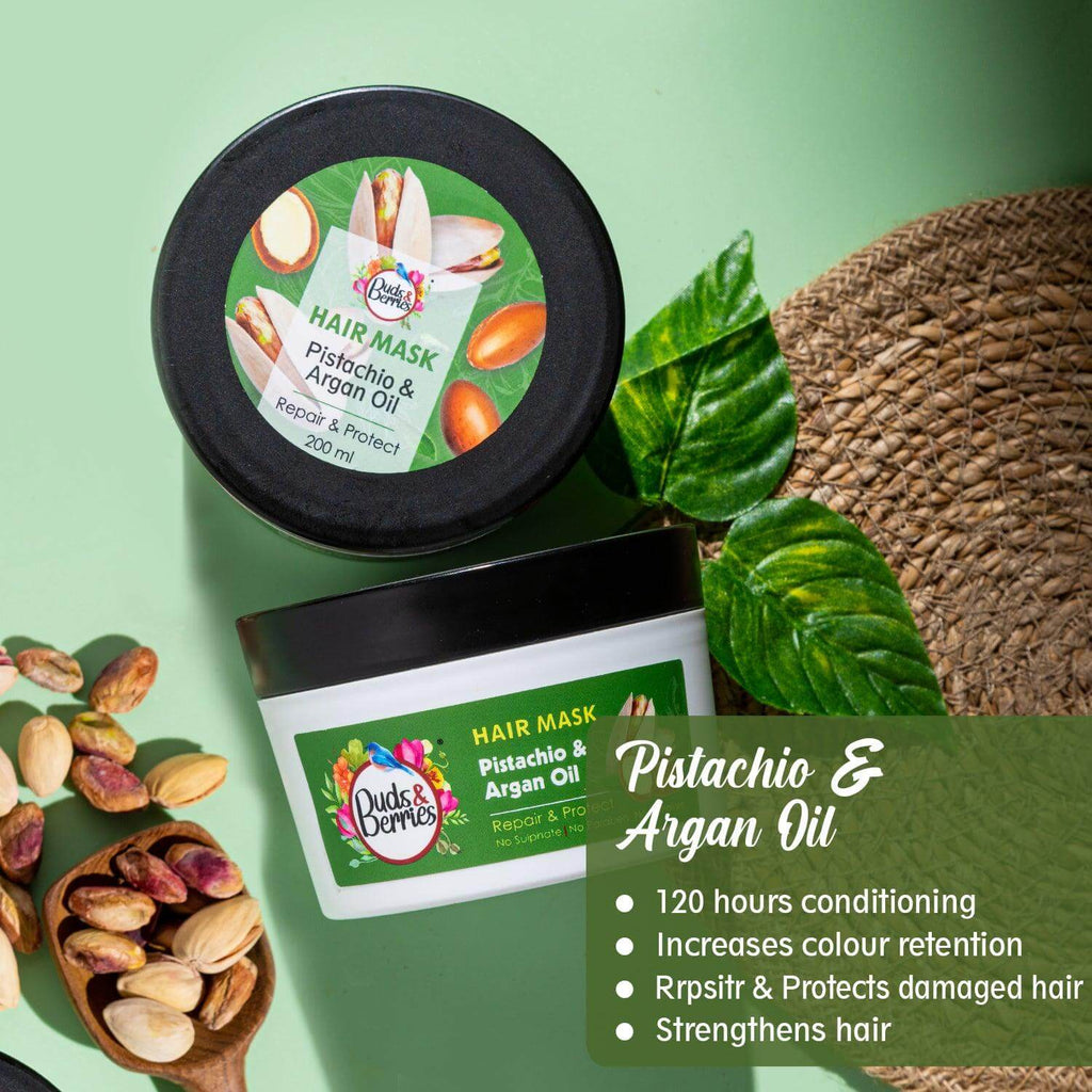 Pistachio & Argan Oil Colour Protectant Hair Mask for Dry , Damaged & Coloured Hair | NO Sulphate, NO Paraben - 200 ml - Buds&Berries