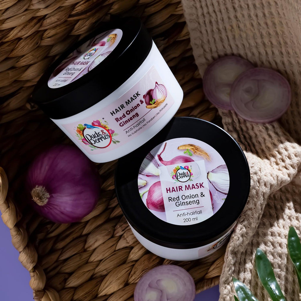 Red Onion & Ginseng Anti-hair fall Hairmask | Promotes hair growth| No Sulphate, No Paraben, No Silicone - 200ml - Buds&Berries