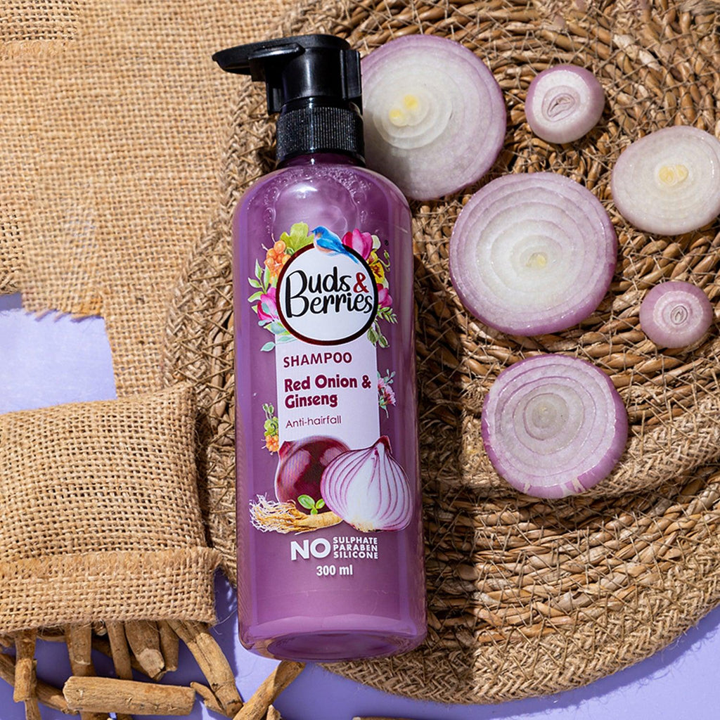 Red Onion & Ginseng Anti-hair fall Shampoo | Promotes hair growth| No Sulphate, No Paraben, No Silicone - 300ml - Buds&Berries