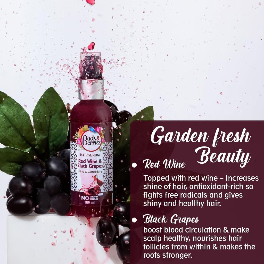 Red Wine & Black Grapes Hair Serum for Shiny hair | NO Silicone, NO Paraben - 100 ml - Buds&Berries