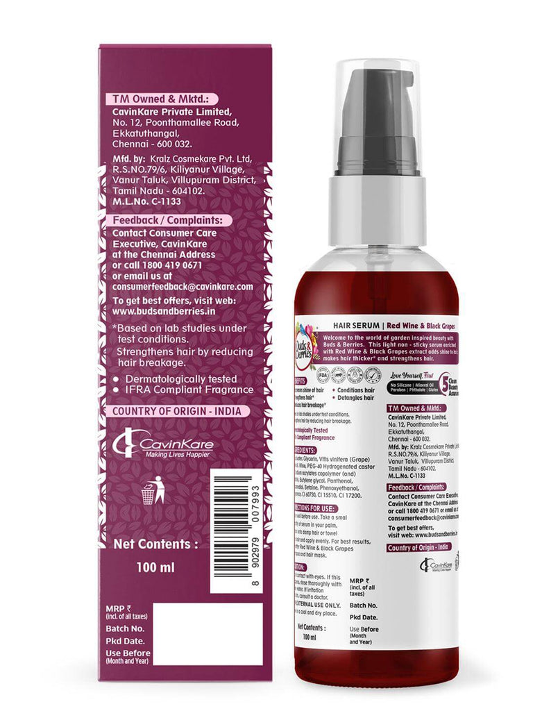 Red Wine & Black Grapes Hair Serum for Shiny hair | NO Silicone, NO Paraben - 100 ml - Buds&Berries