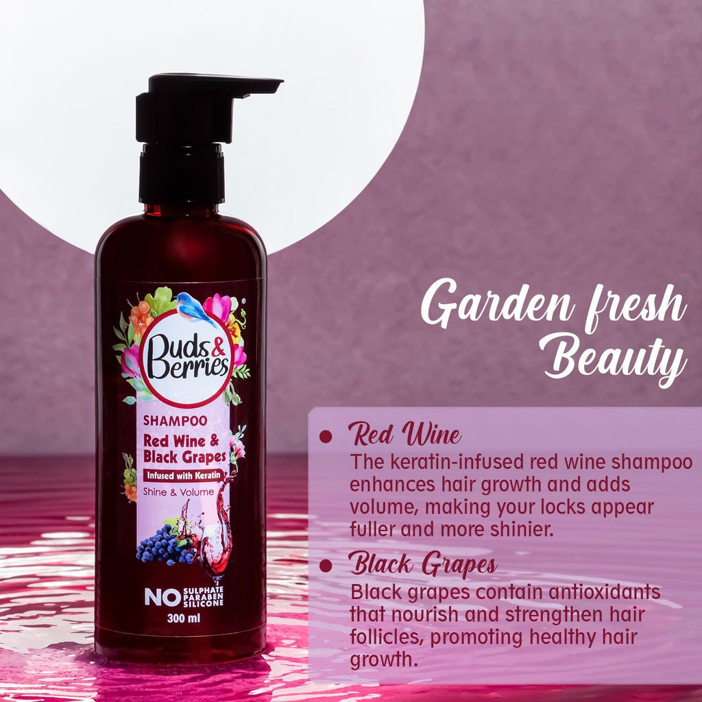 Red Wine & Black grapes Shampoo infused with keratin No Sulphate, No Paraben, No Silicone - 300ml - Buds&Berries