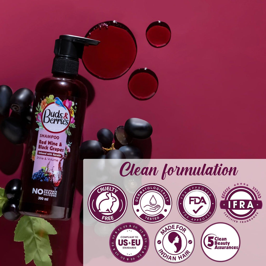 Red Wine & Black grapes Shampoo infused with keratin No Sulphate, No Paraben, No Silicone - 300ml - Buds&Berries