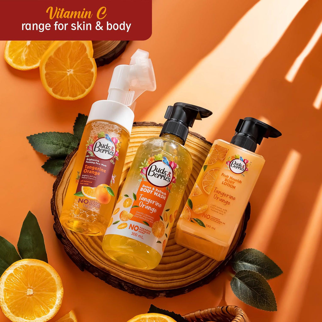Tangerine Orange Natural Glow Combo - Facewash 150 ml + Body Wash 300 ml + Body Lotion 240 ml - Buds&Berries