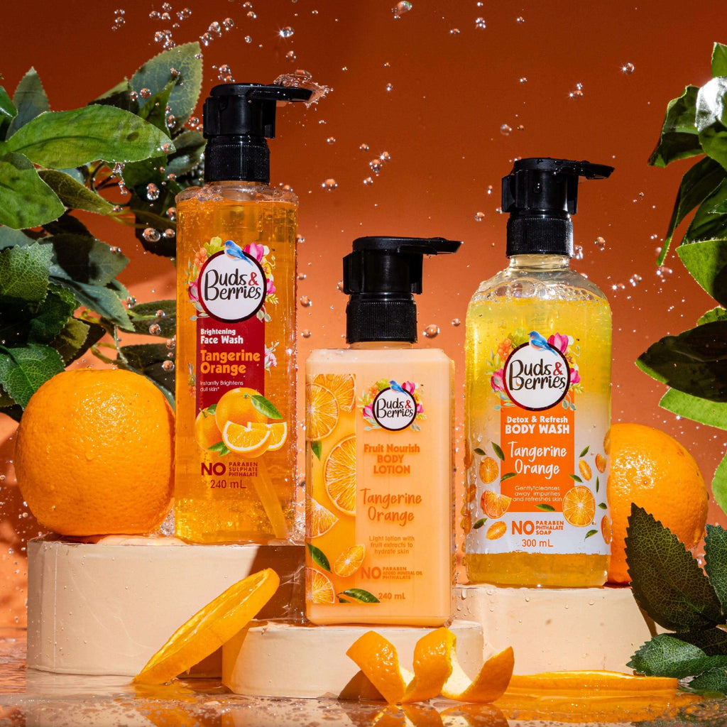 Tangerine Orange Natural Glow Combo - Facewash 240 ml + Body Wash 300 ml + Body Lotion 240 ml - Buds&Berries
