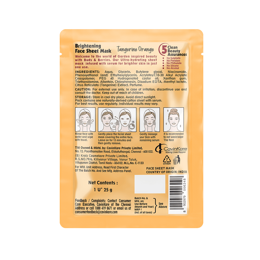 Brightening Face Sheet Mask Tangerine Orange | Natural Vit. C | No Paraben, No Phthalate, No Silicone - 25gm - Buds&Berries