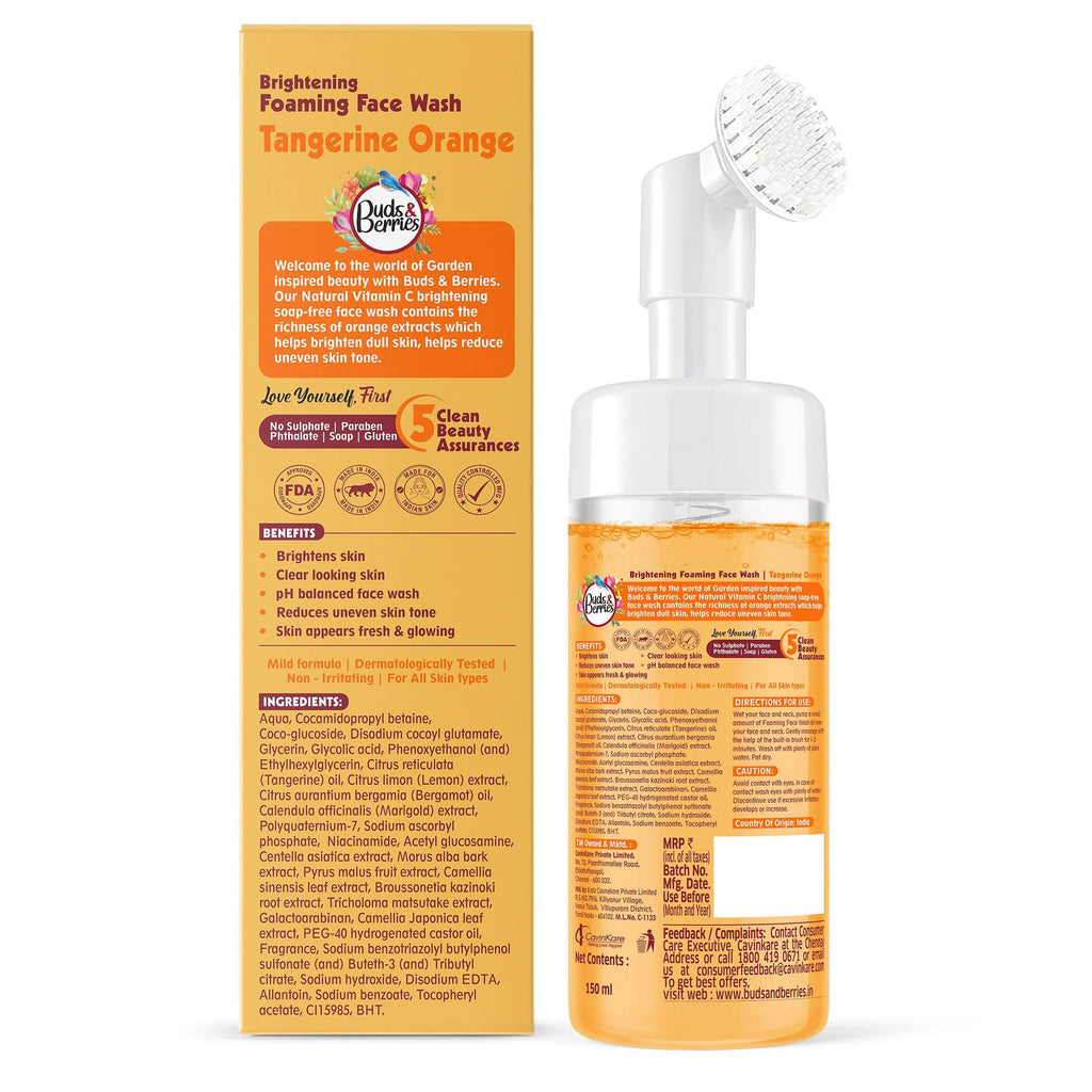 Brighthening Tangerine Orange Foaming Face Wash with Silicone Brush , No Sulphate, No Paraben, No Phthalate - 150ml - Buds&Berries