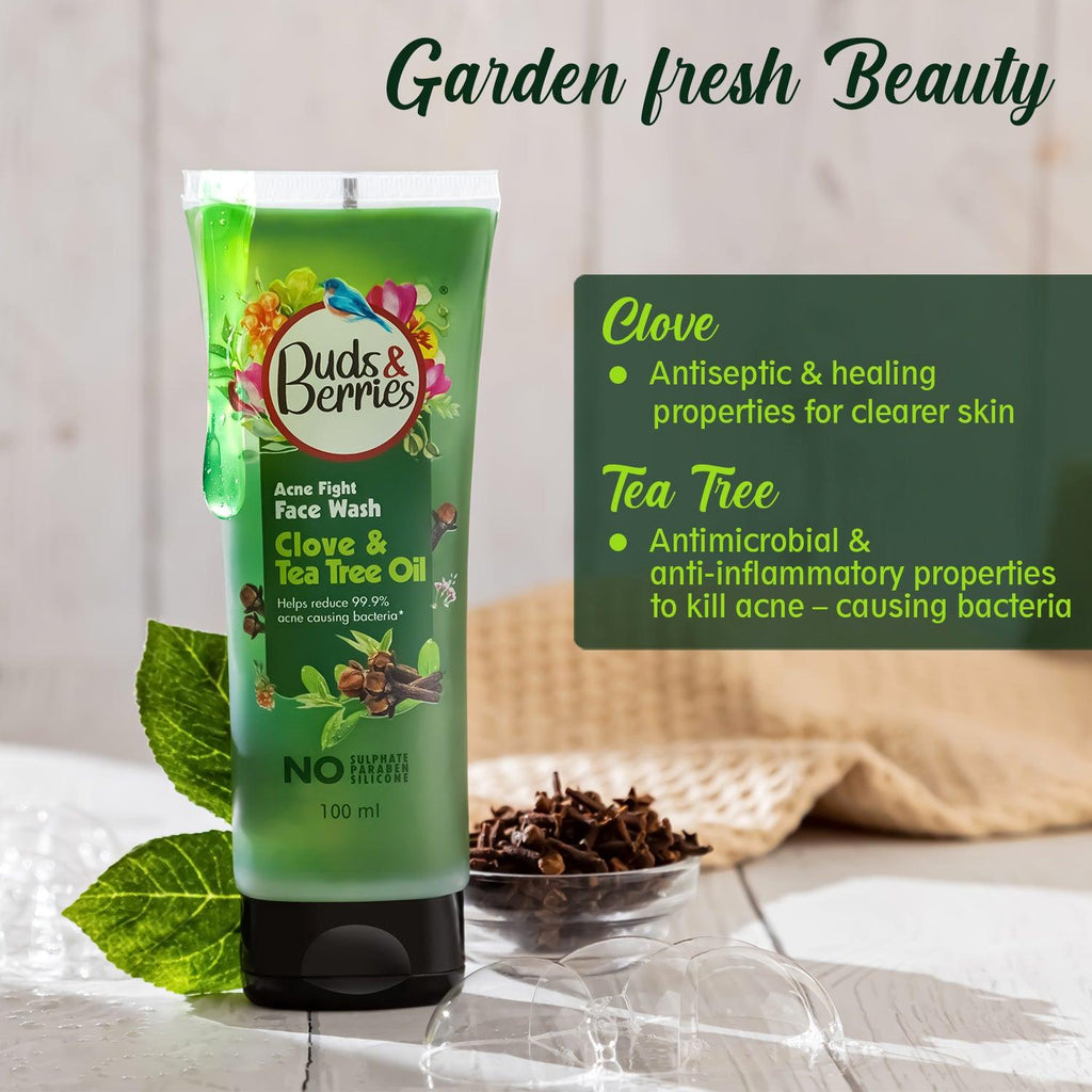 Clove and Tea Tree Oil Acne Fight Face Wash | Clears Blemishes and Spots | pH Balanced Gentle Facewash | No Sulphate, No Paraben (100 ml) - Buds&Berries