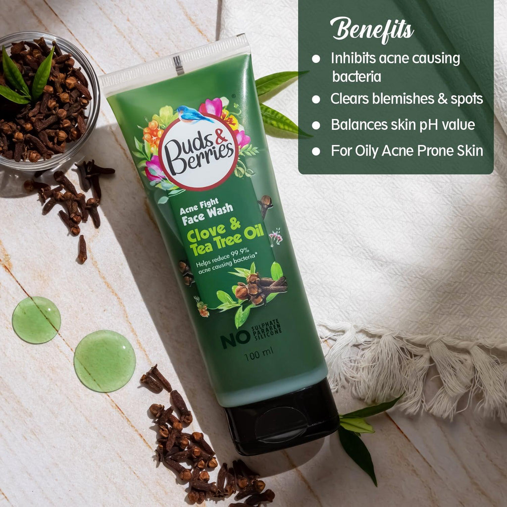 Clove and Tea Tree Oil Acne Fight Face Wash | Clears Blemishes and Spots | pH Balanced Gentle Facewash | No Sulphate, No Paraben (100 ml) - Buds&Berries