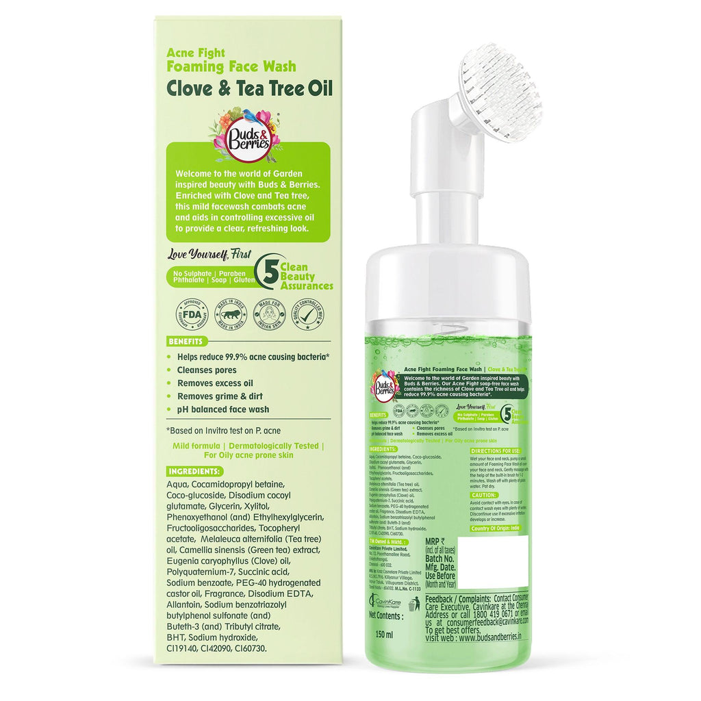 Clove and Tea Tree Oil Acne Fight Foaming Face Wash with Silicone Brush , No Sulphate, No Paraben, No Phthalate - 150ml - Buds&Berries
