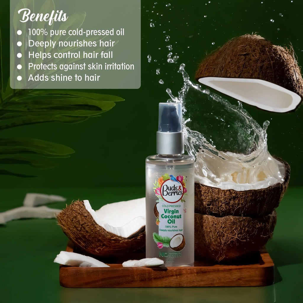 Cold Pressed Coconut Oil for deeply nourishing hair and skin |NO Mineral Oil, NO Silicone, - 100 ml - Buds&Berries
