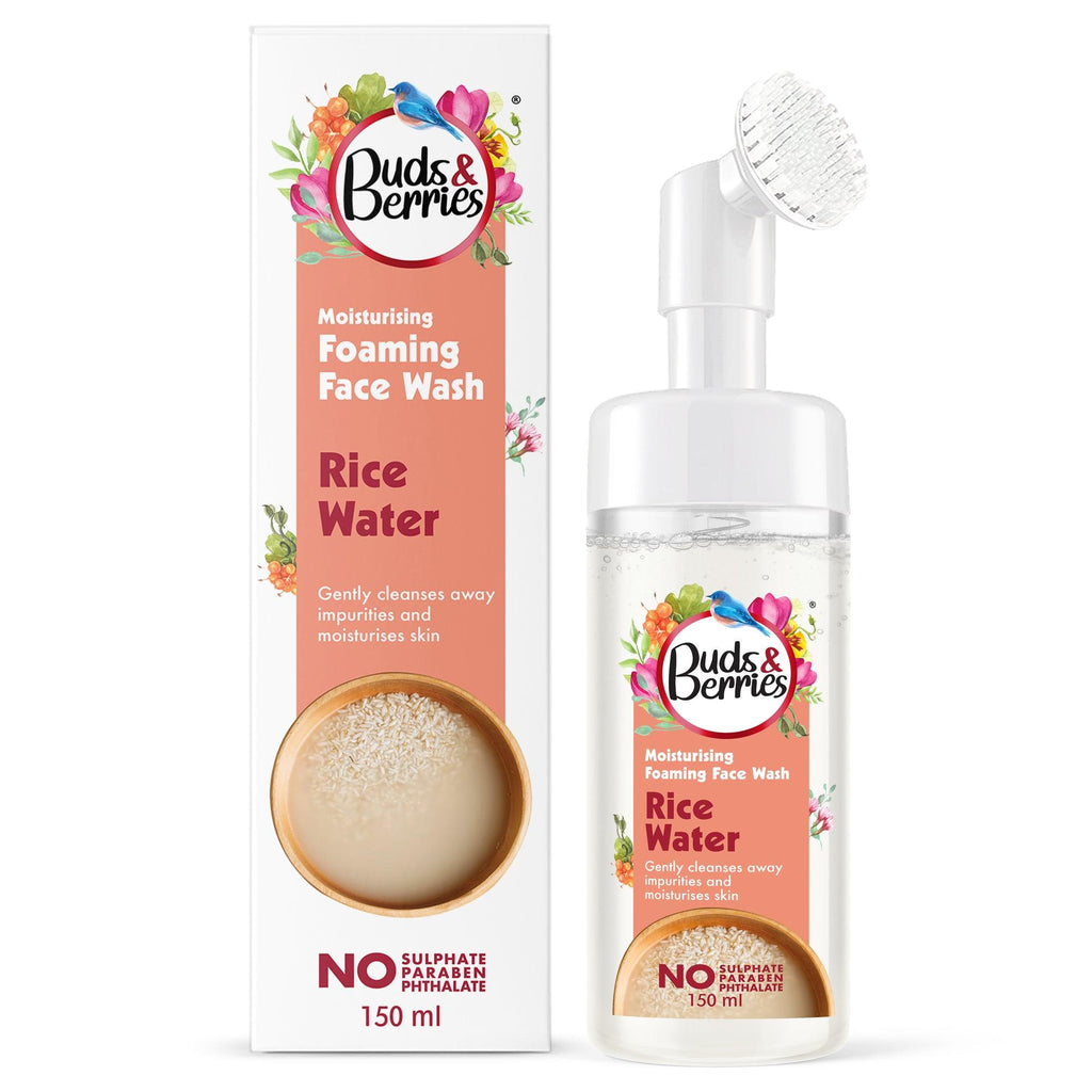 Moisturising Rice water Foaming Face Wash with Silicone Brush , No Sulphate, No Paraben, No Phthalate - 150ml - Buds&Berries