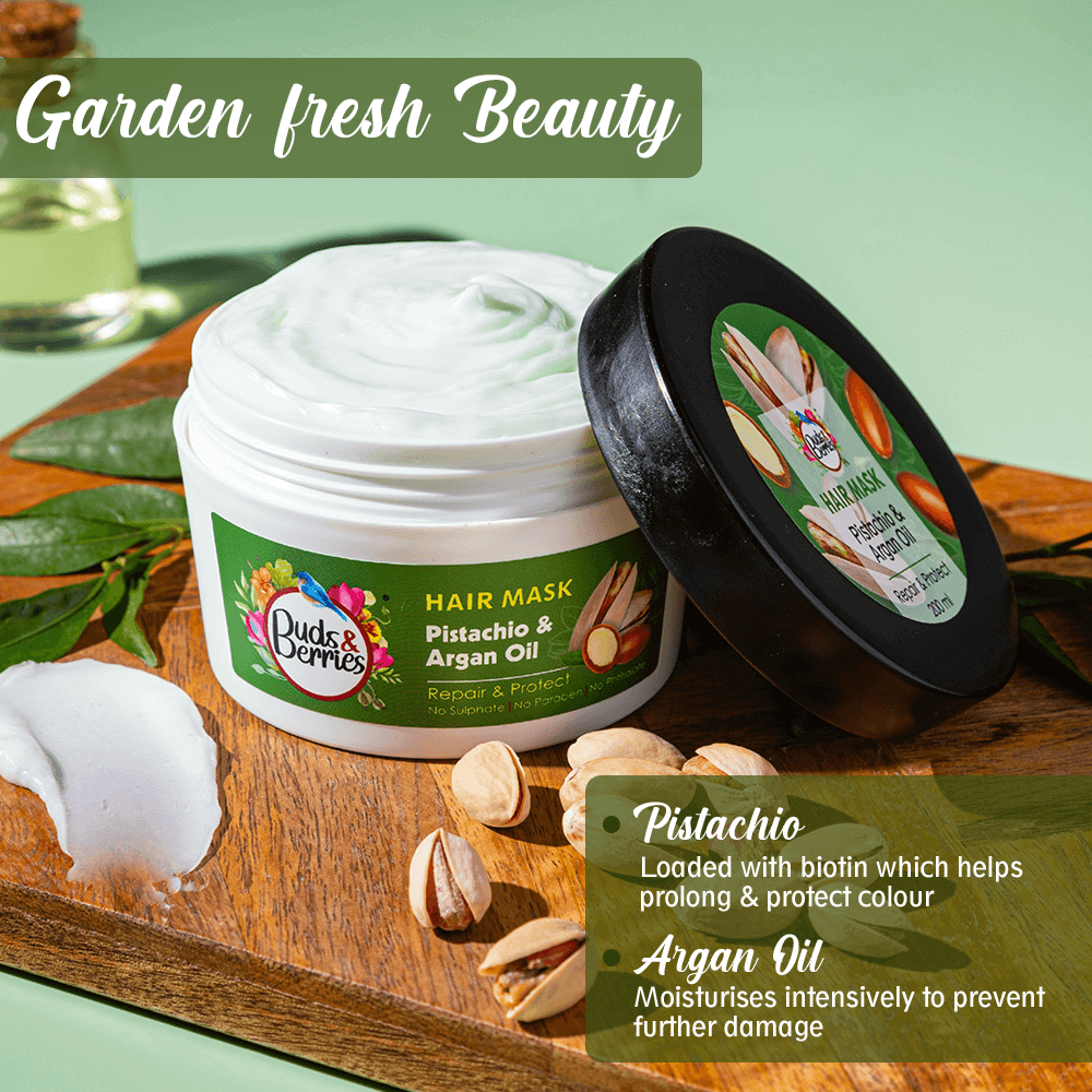 Pistachio & Argan Oil Colour Protectant Hair Mask for Dry , Damaged & Coloured Hair | NO Sulphate, NO Paraben - 200 ml - Buds&Berries