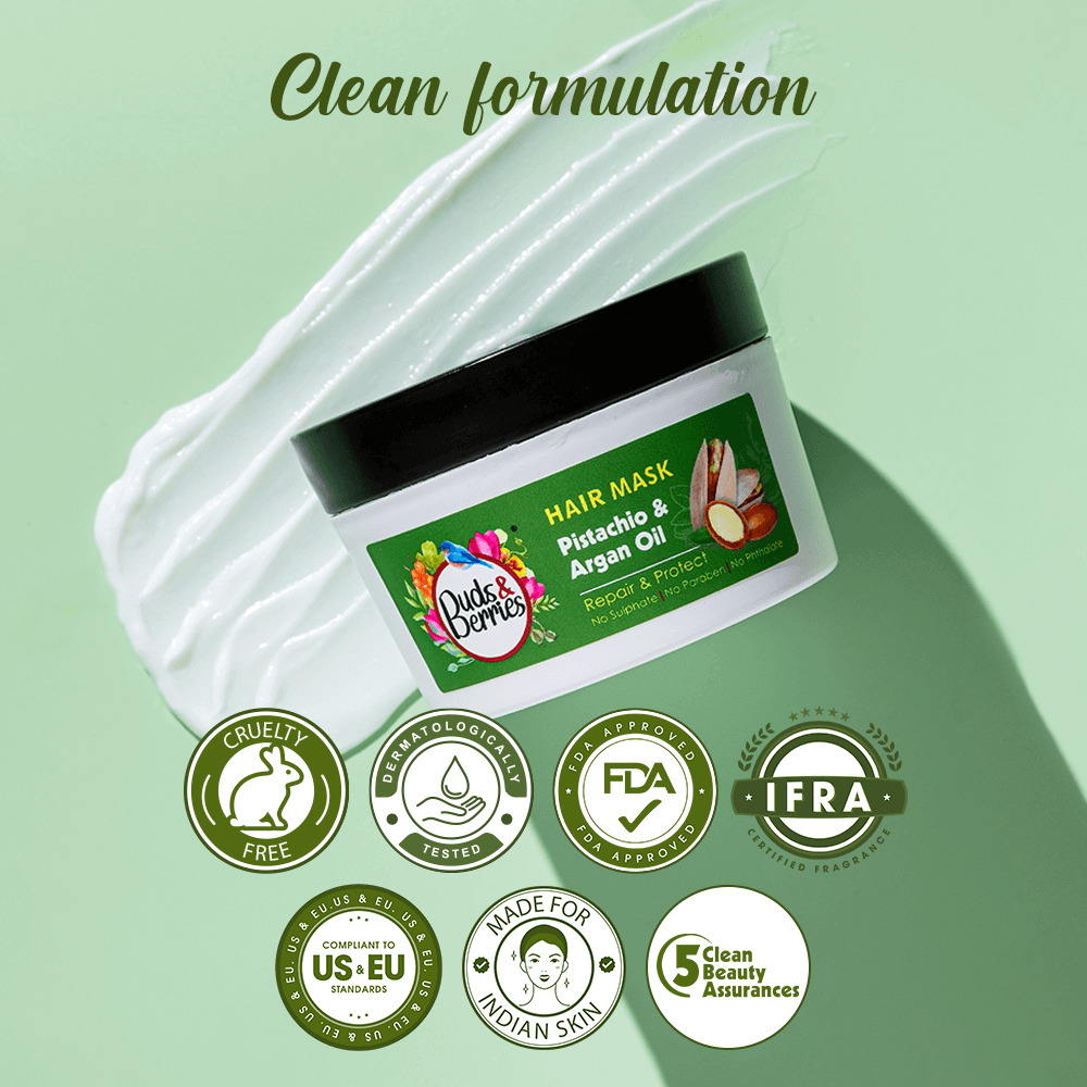 Pistachio & Argan Oil Colour Protectant Hair Mask for Dry , Damaged & Coloured Hair | NO Sulphate, NO Paraben - 200 ml - Buds&Berries