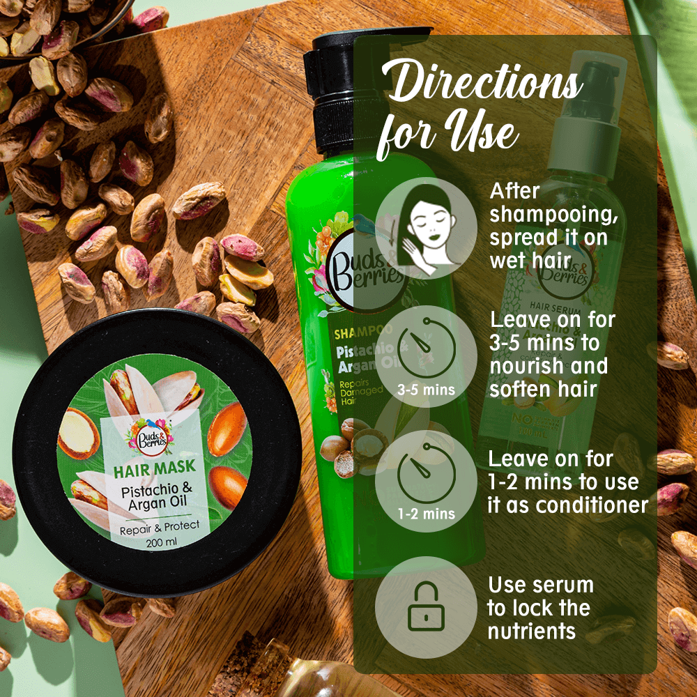 Pistachio & Argan Oil Colour Protectant Hair Mask for Dry , Damaged & Coloured Hair | NO Sulphate, NO Paraben - 200 ml - Buds&Berries