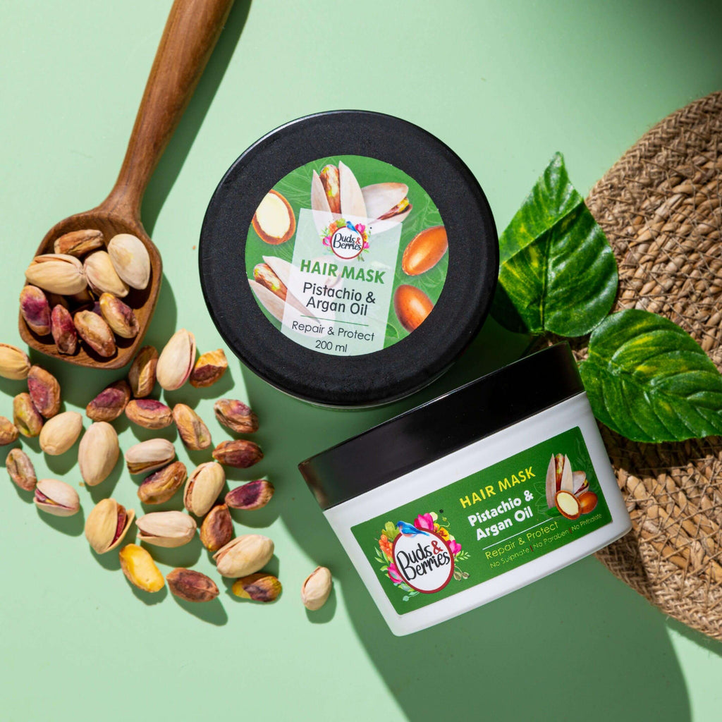 Pistachio & Argan Oil Colour Protectant Hair Mask for Dry , Damaged & Coloured Hair | NO Sulphate, NO Paraben - 200 ml - Buds&Berries