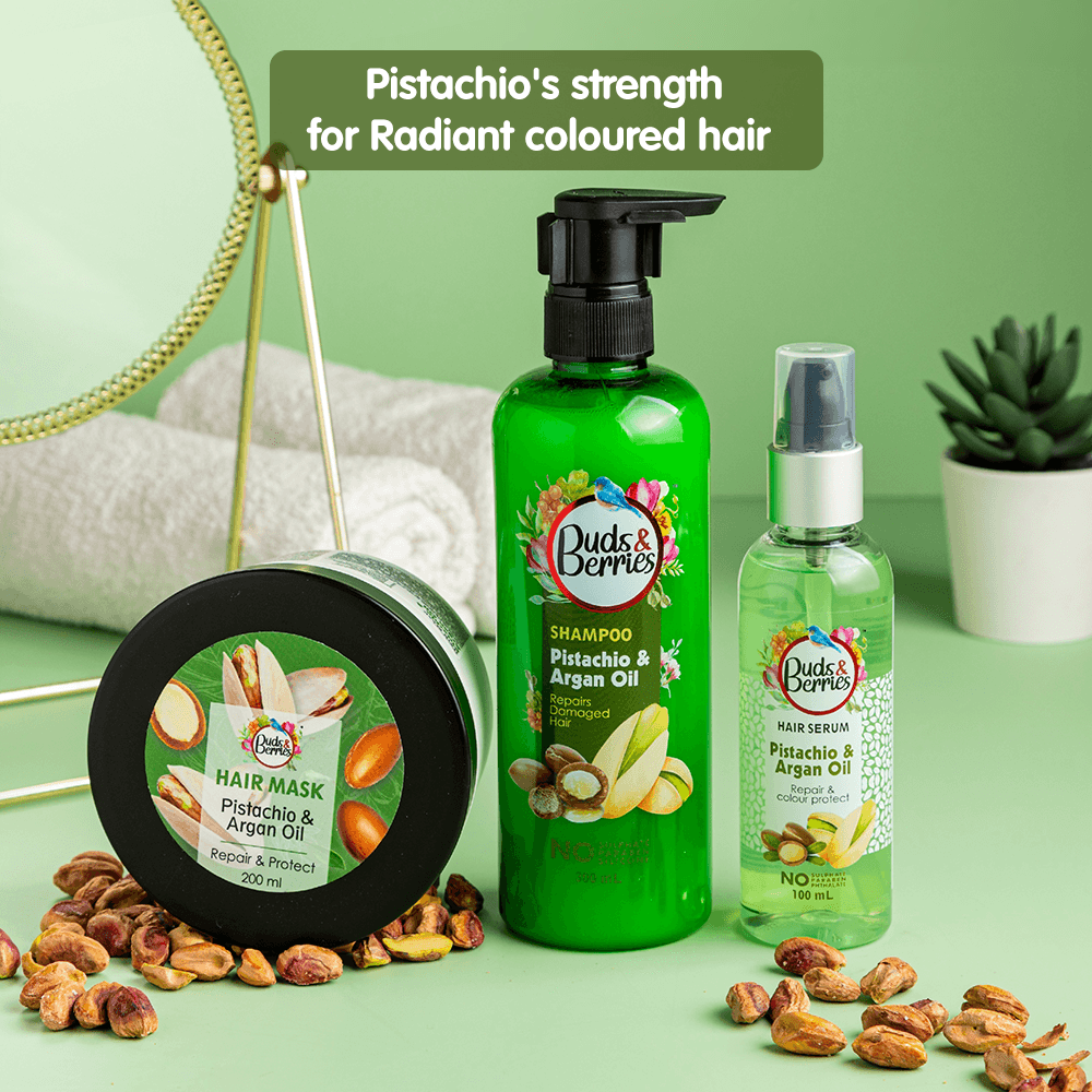 Pistachio & Argan Oil Colour Protectant Hair Mask for Dry , Damaged & Coloured Hair | NO Sulphate, NO Paraben - 200 ml - Buds&Berries