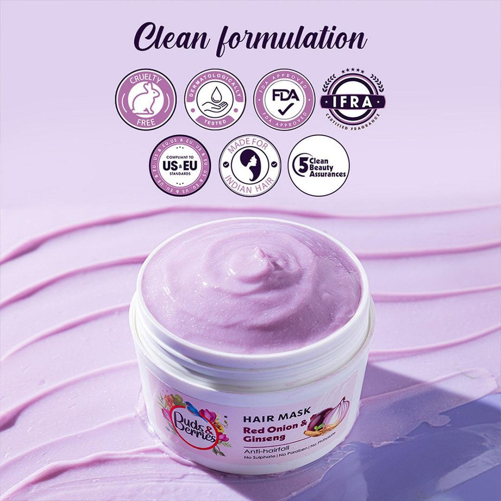 Red Onion & Ginseng Anti-hair fall Hairmask | Promotes hair growth| No Sulphate, No Paraben, No Silicone - 200ml - Buds&Berries
