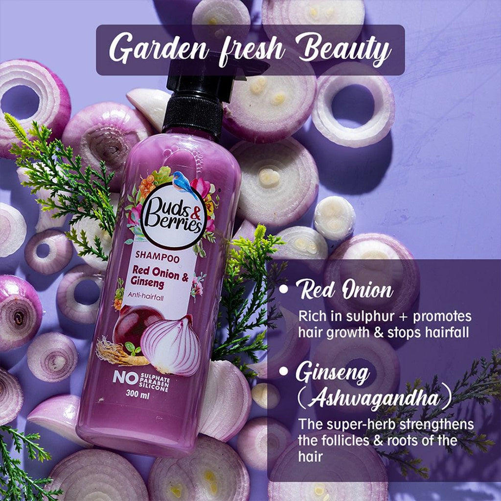 Red Onion & Ginseng Anti-hair fall Shampoo | Promotes hair growth| No Sulphate, No Paraben, No Silicone - 300ml - Buds&Berries