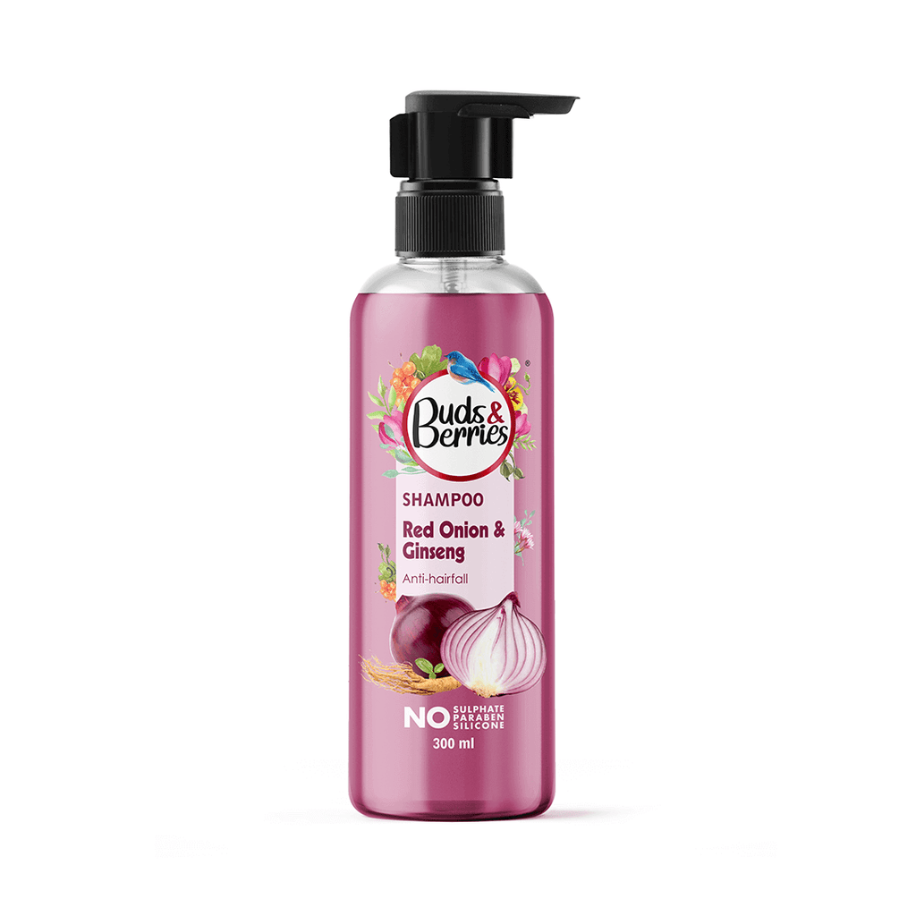 Red Onion & Ginseng Anti-hair fall Shampoo | Promotes hair growth| No Sulphate, No Paraben, No Silicone - 300ml - Buds&Berries