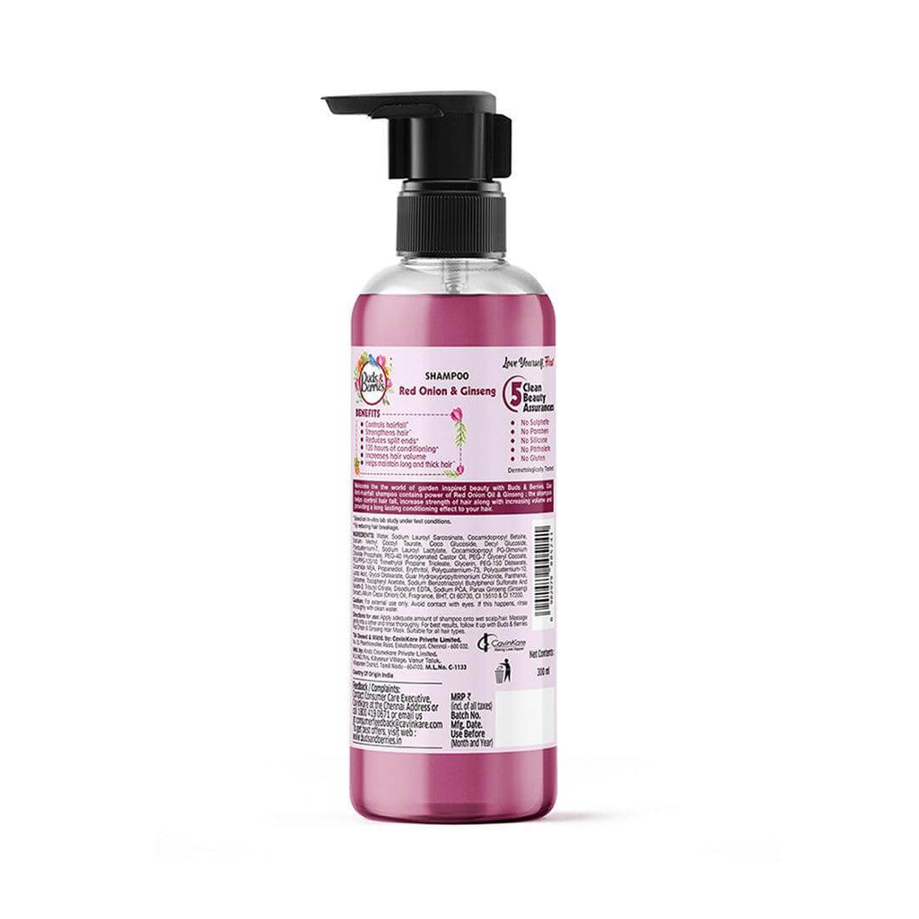 Red Onion & Ginseng Anti-hair fall Shampoo | Promotes hair growth| No Sulphate, No Paraben, No Silicone - 300ml - Buds&Berries