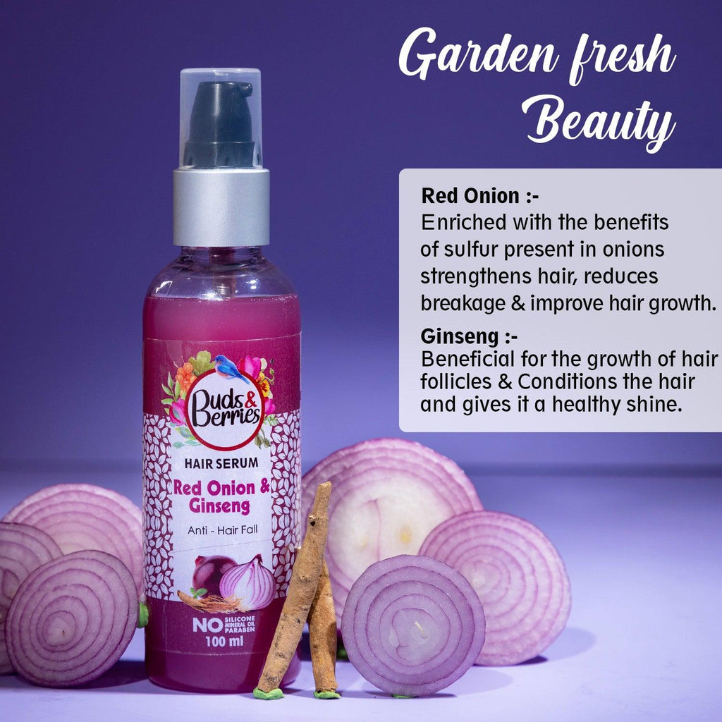 Red Onion &
Ginseng Hair Serum for Anti hairfall | NO Silicone, NO Paraben - 100 ml - Buds&Berries
