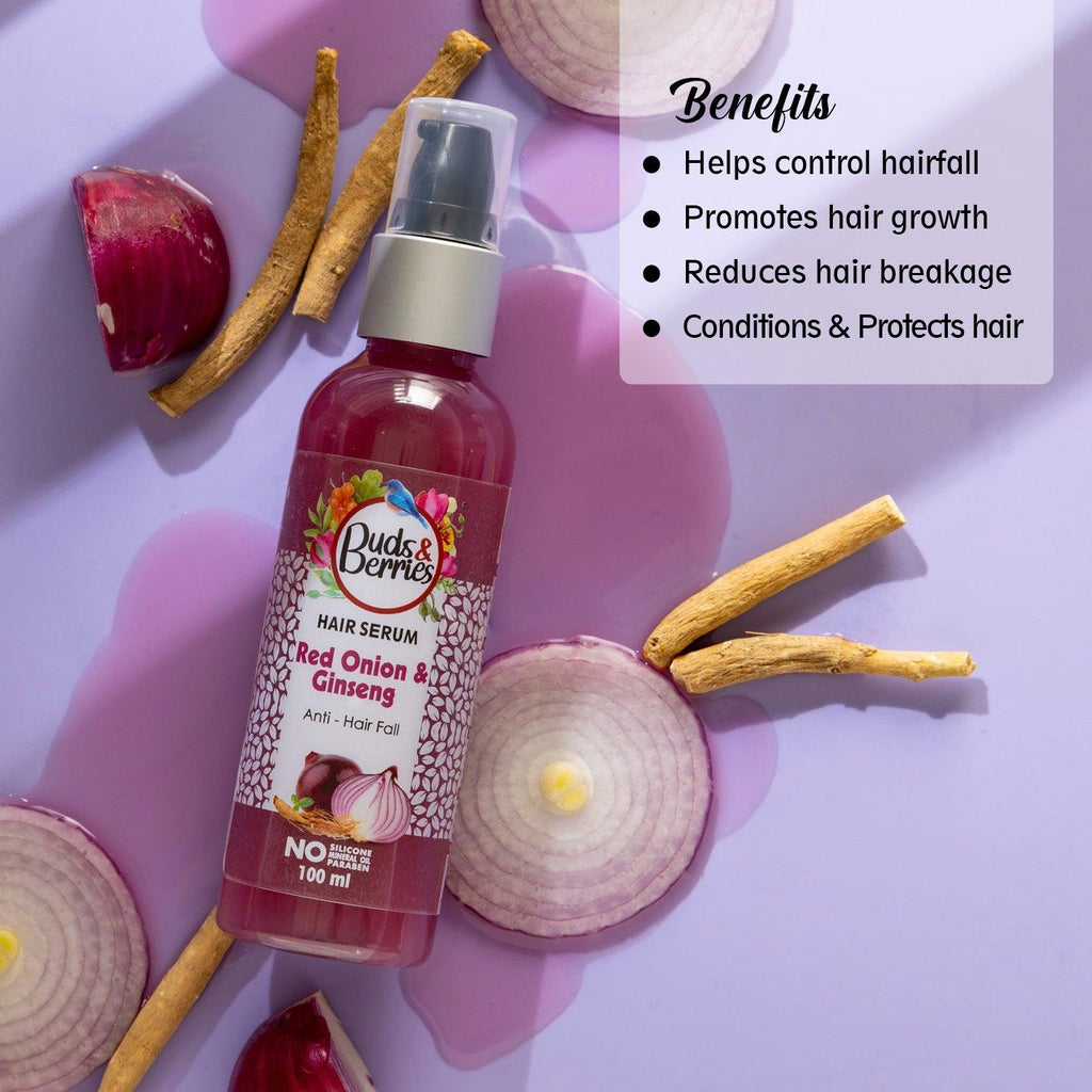 Red Onion &
Ginseng Hair Serum for Anti hairfall | NO Silicone, NO Paraben - 100 ml - Buds&Berries