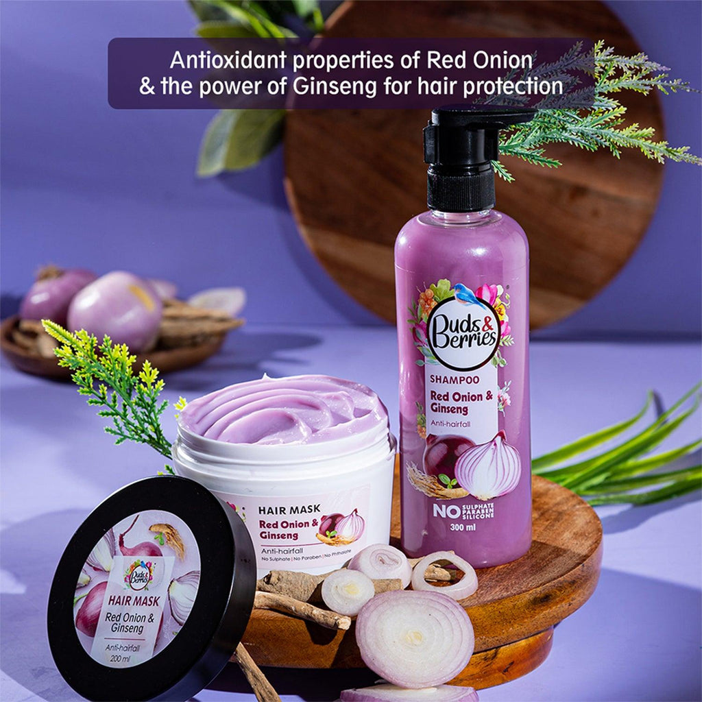 Red Onion Anti Hairfall Duo - Anti Hairfall Shampoo 300ml + Anti Hairfall Hairmask 200ml - Buds&Berries