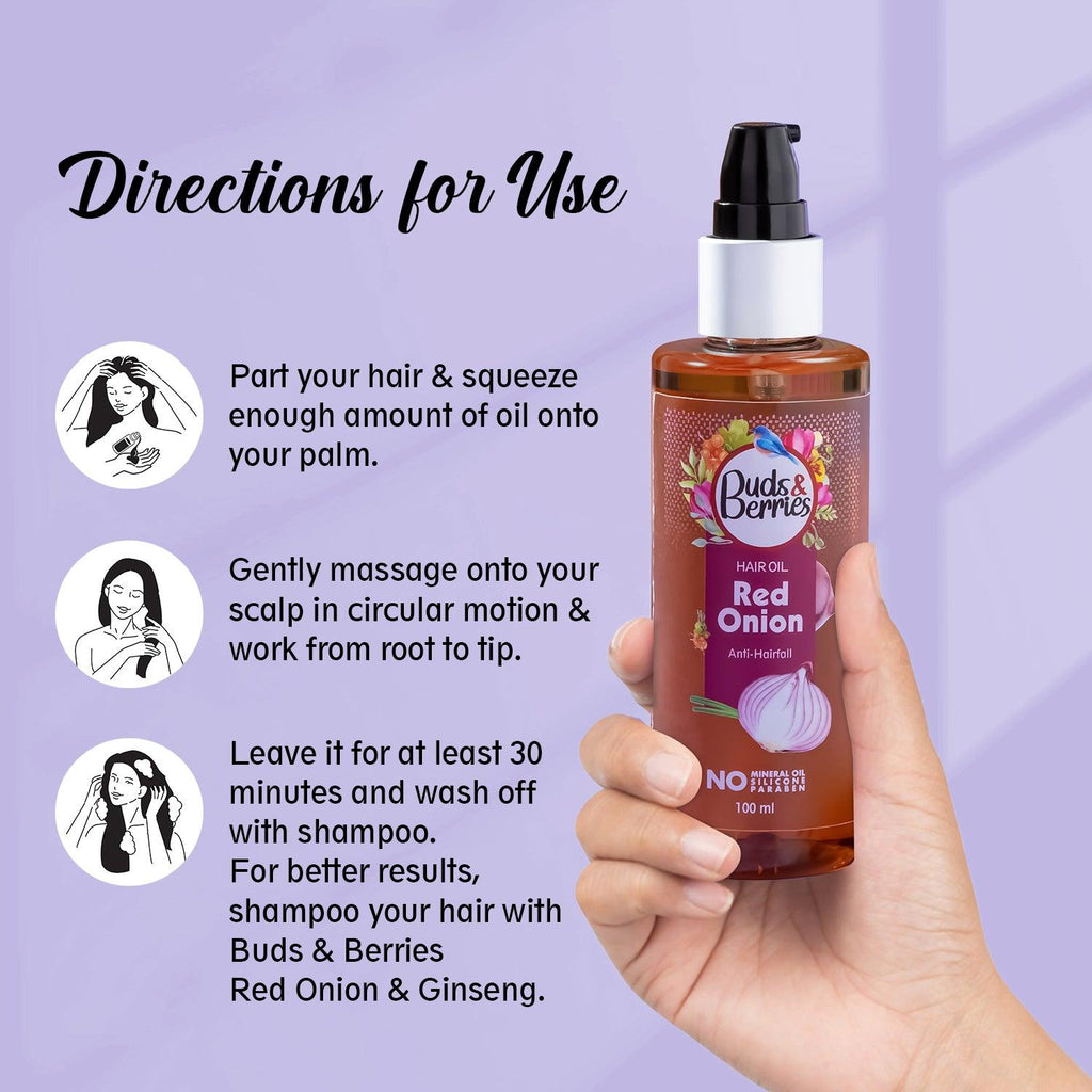 Red Onion Hair Oil for Anti Hairfall | NO Mineral Oil, NO Silicone - 100 ml - Buds&Berries