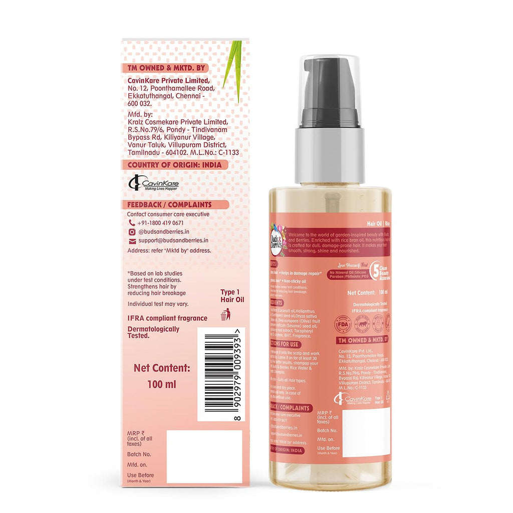 Rice Hair Oil for Nourishing Hair|NO Mineral Oil, NO Silicone, - 100 ml - Buds&Berries