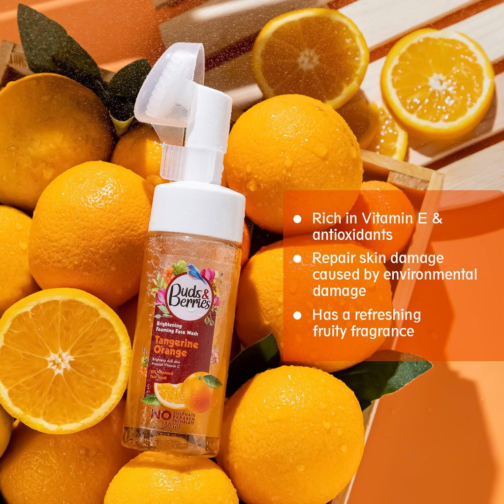 Tangerine Facial Glow Duo- Brighthening Tangerine Orange Foaming Face Wash with Silicone Brush+Brightening Face Sheet Mask Tangerine Orange - Buds&Berries